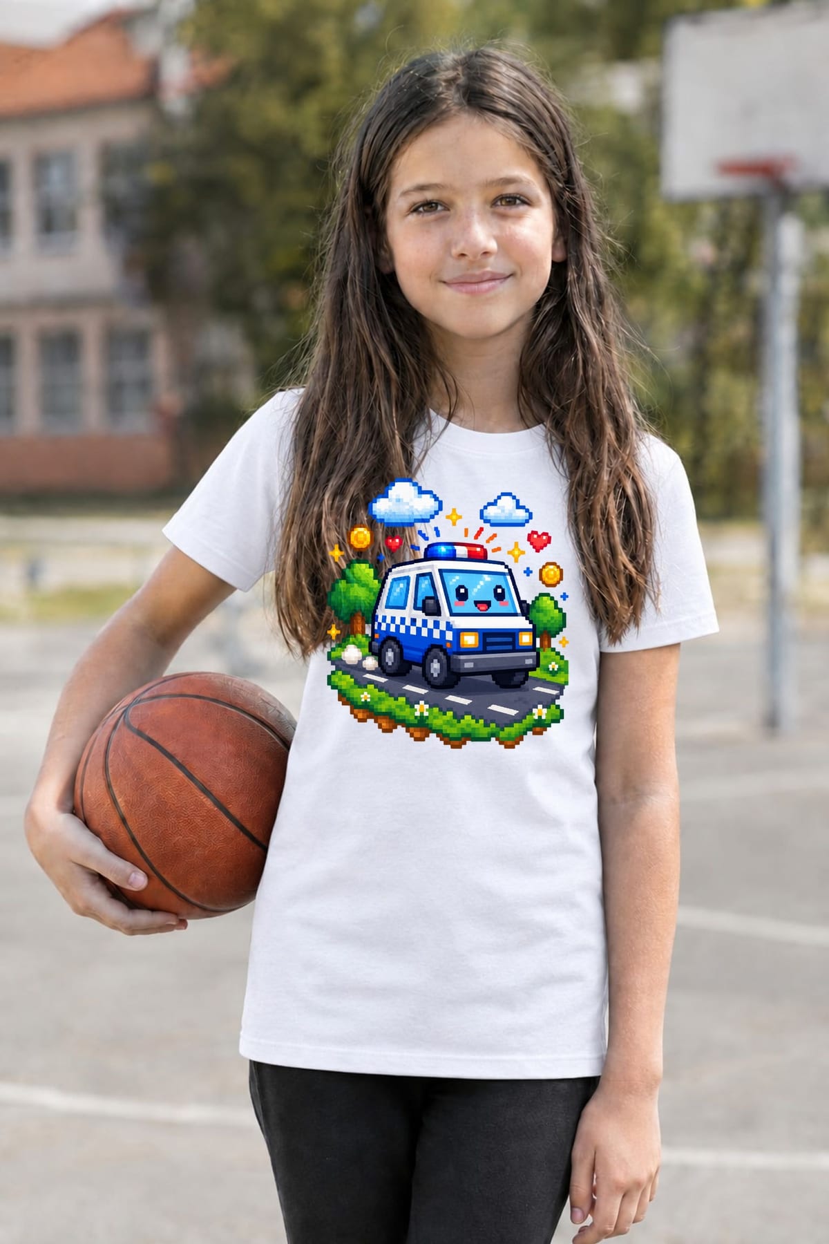 Koszulka z wozem policyjnym pixel art dla dziewczynki biała, zdjęcie 7