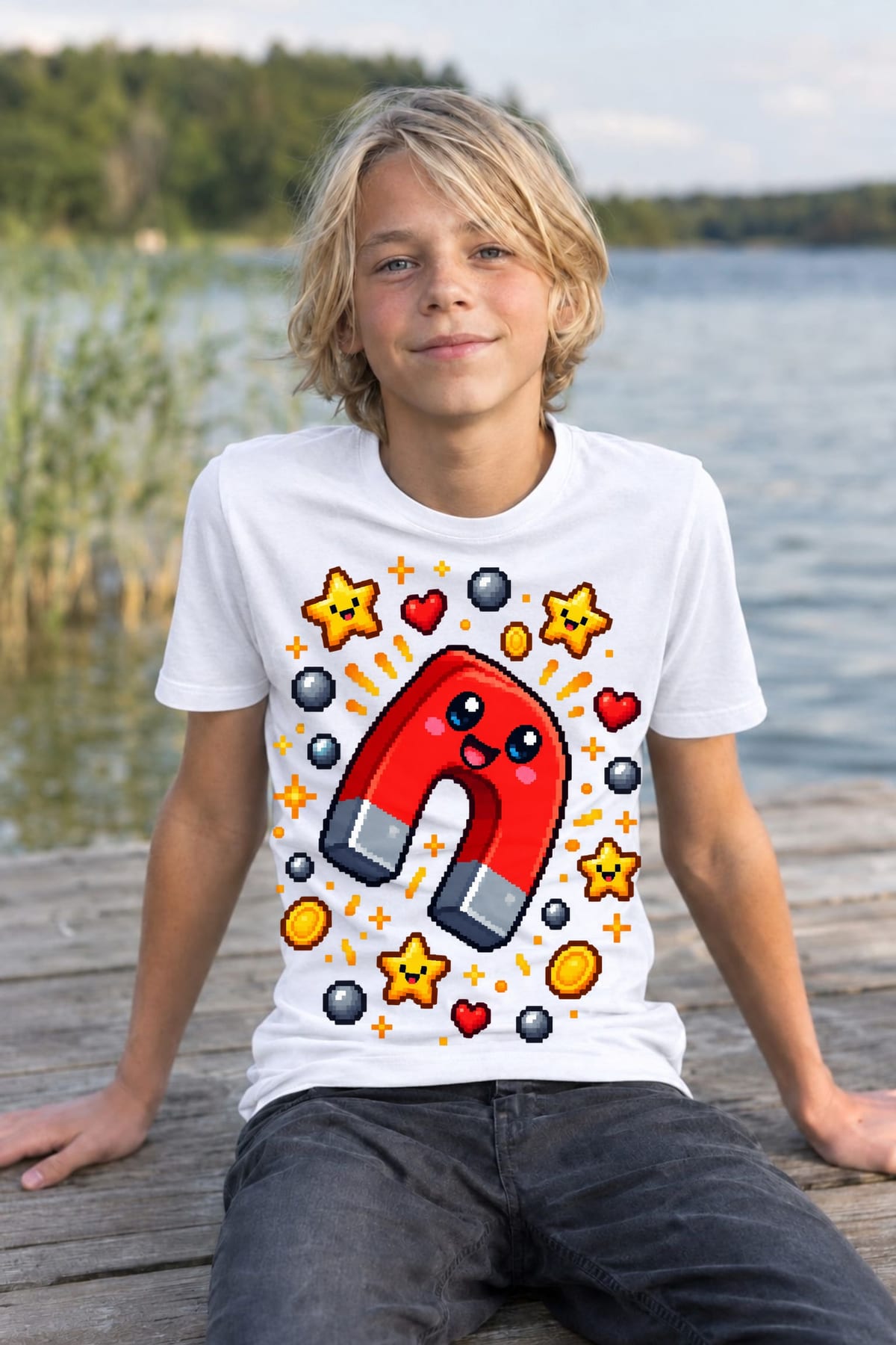 Koszulka z magnesem pixel art dla chłopca biała styl pixel art, zdjęcie 8