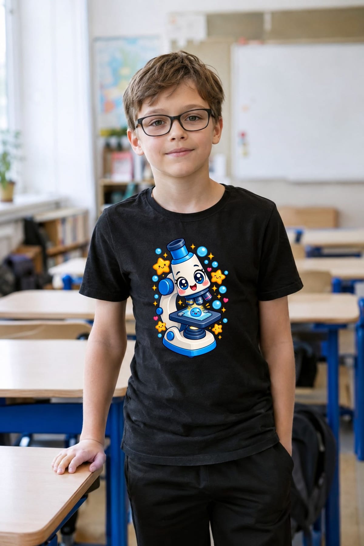 Koszulka z mikroskopem dla chłopca czarna słodki kawaii, zdjęcie 3
