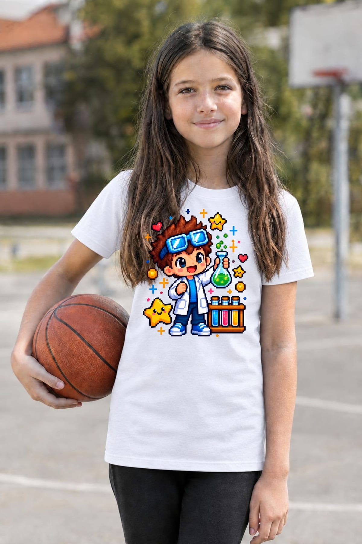 Koszulka z naukowcem pixel art dla dziewczynki biała, zdjęcie 7