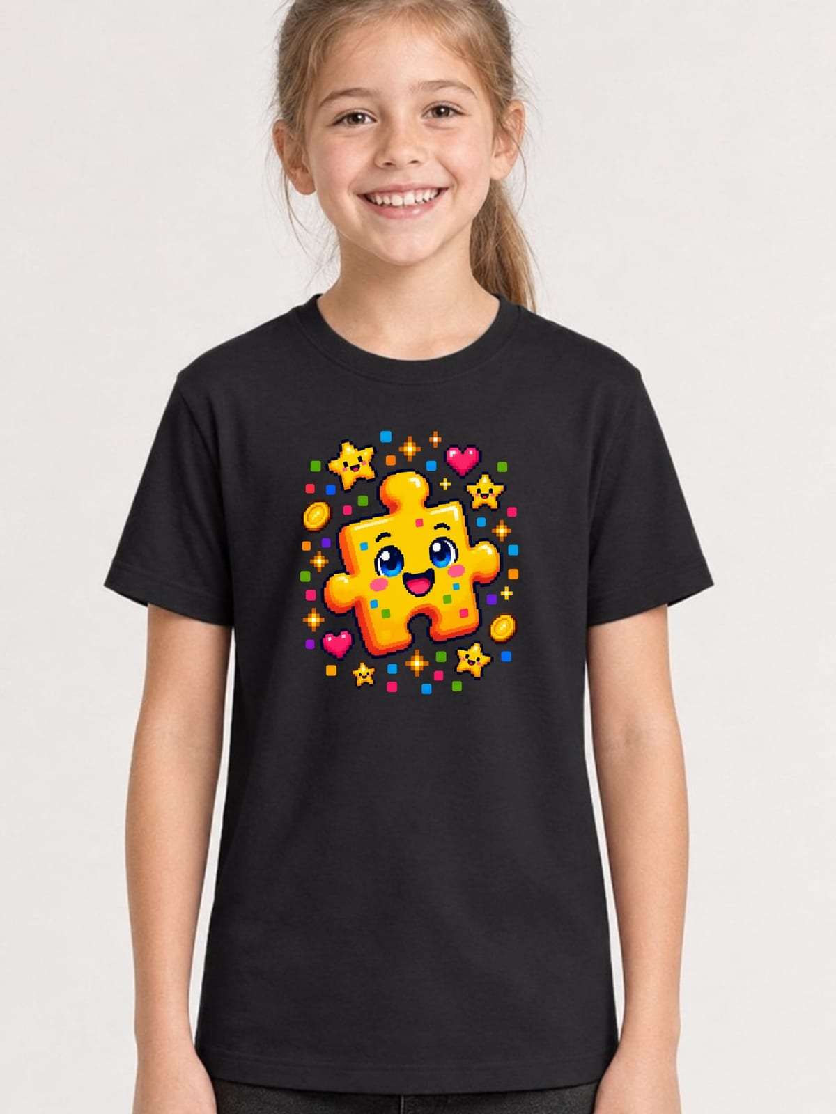 Koszulka z puzzlami dla dziewczynki czarna pixel art, zdjęcie 1