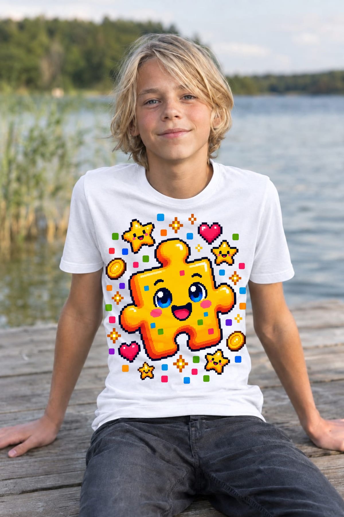 Koszulka z puzzlami dla chłopca biała pixel art, zdjęcie 6