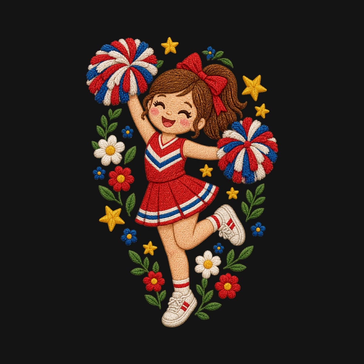 Koszulka z cheerleaderką haftowana dla dziewczynki czarna wygląd haftu, zdjęcie 2