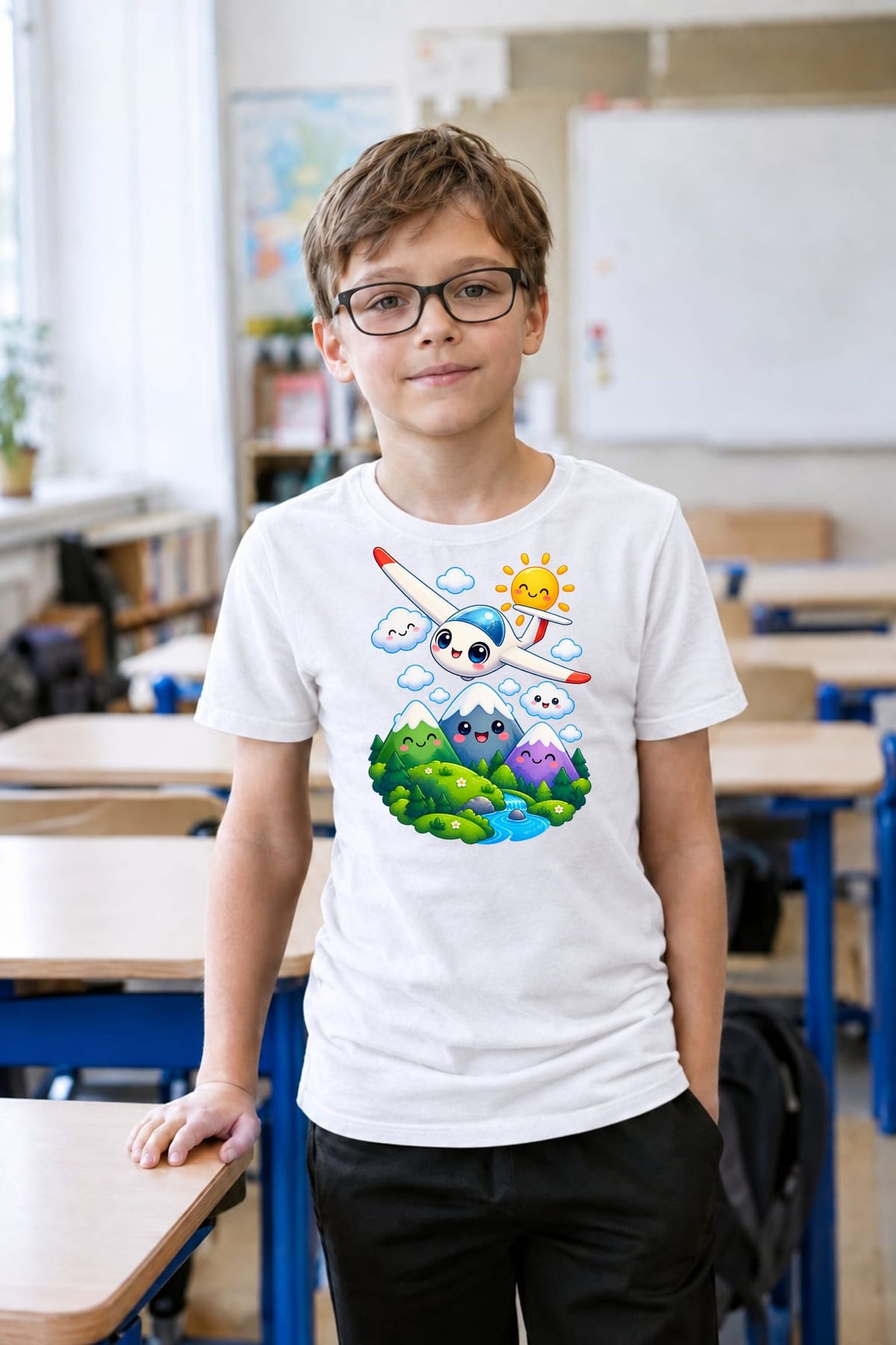 Koszulka z szybowcem dla chłopca biała słodki kawaii, zdjęcie 5
