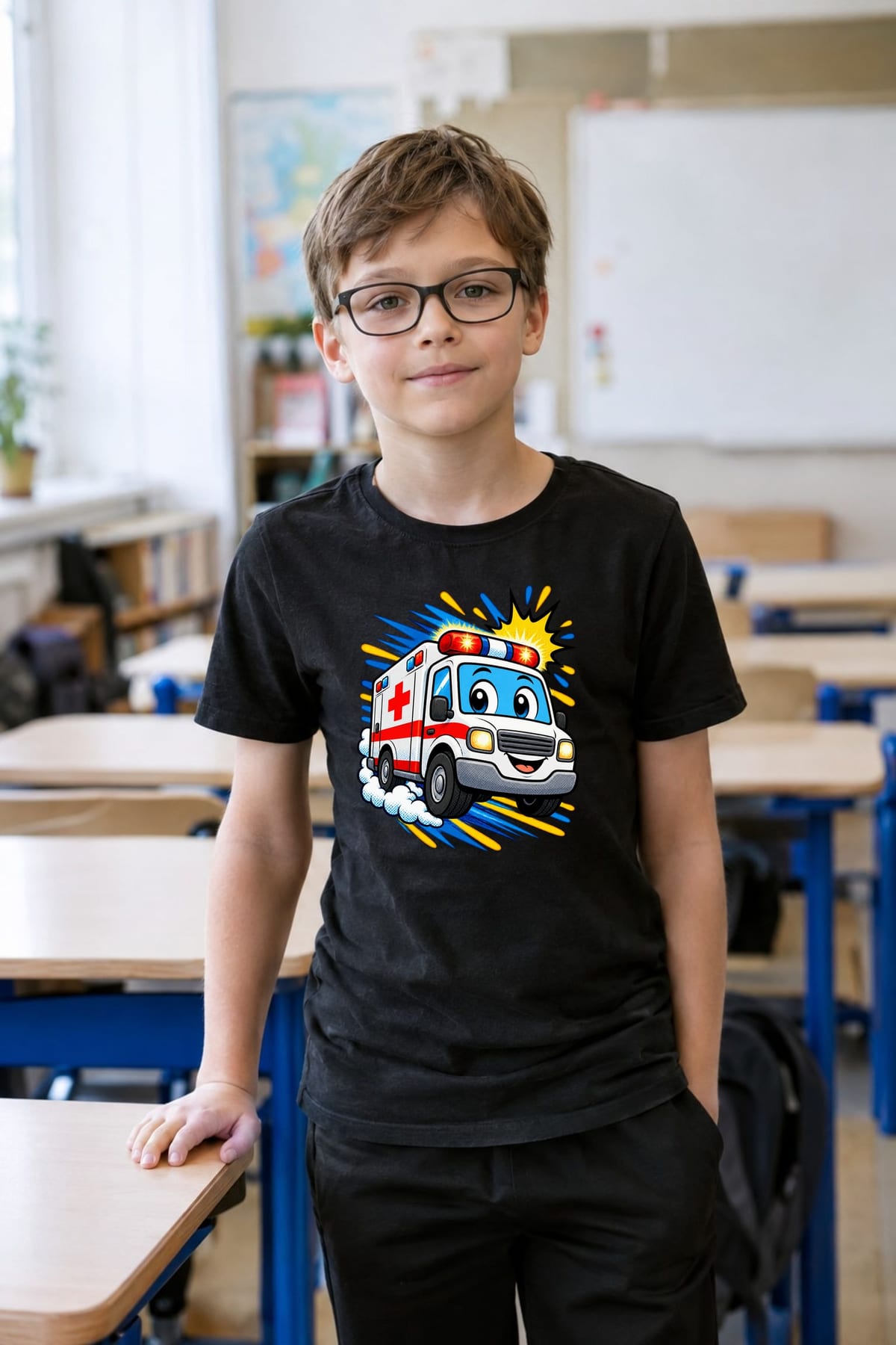 Koszulka z karetką dla chłopca czarna komiksowy dynamizm, zdjęcie 4