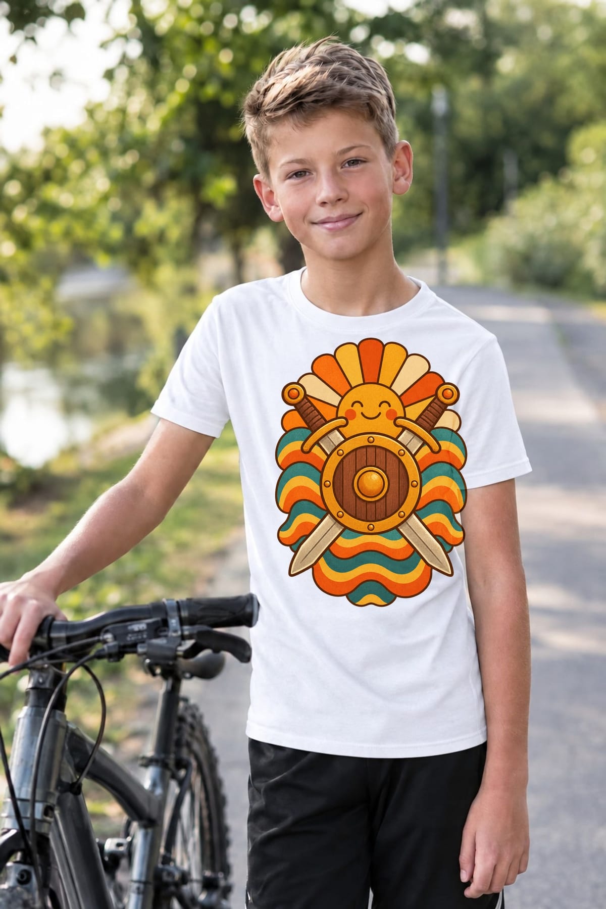 Koszulka z mieczem dla chłopca biała w klimacie retro lata 70, zdjęcie 5