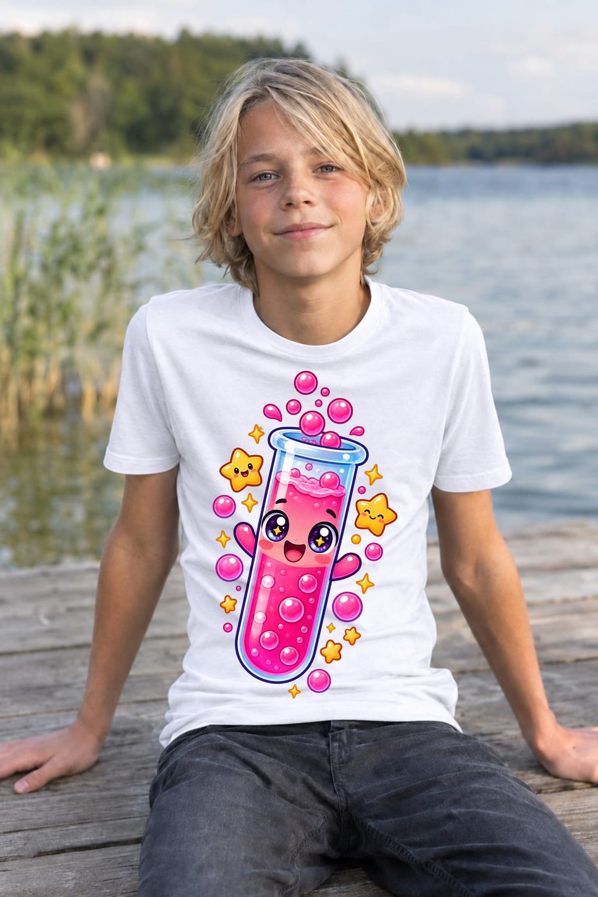Koszulka z probówką dla chłopca biała słodki kawaii, zdjęcie 5