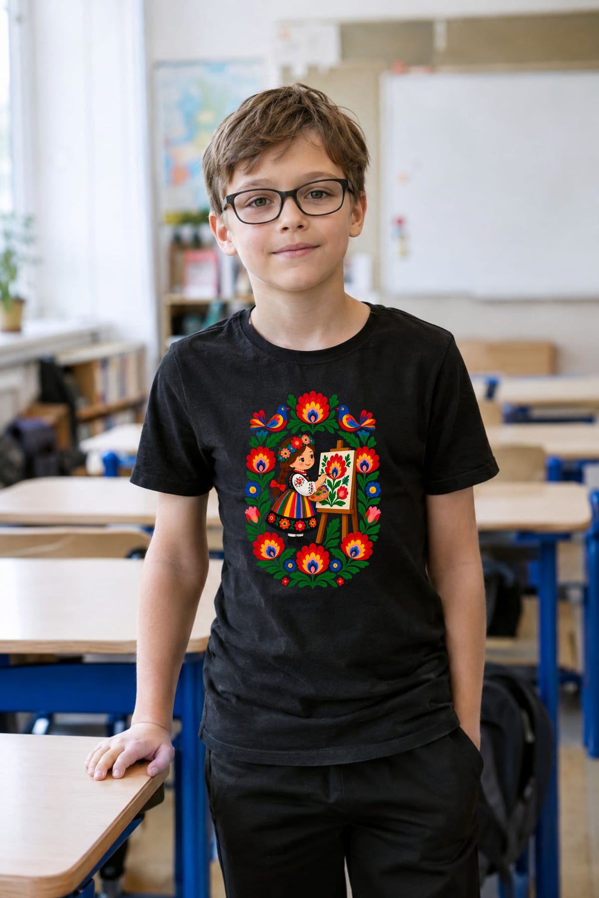 Koszulka z malarzem ludowym dla chłopca czarna ludowa wycinanka, zdjęcie 7