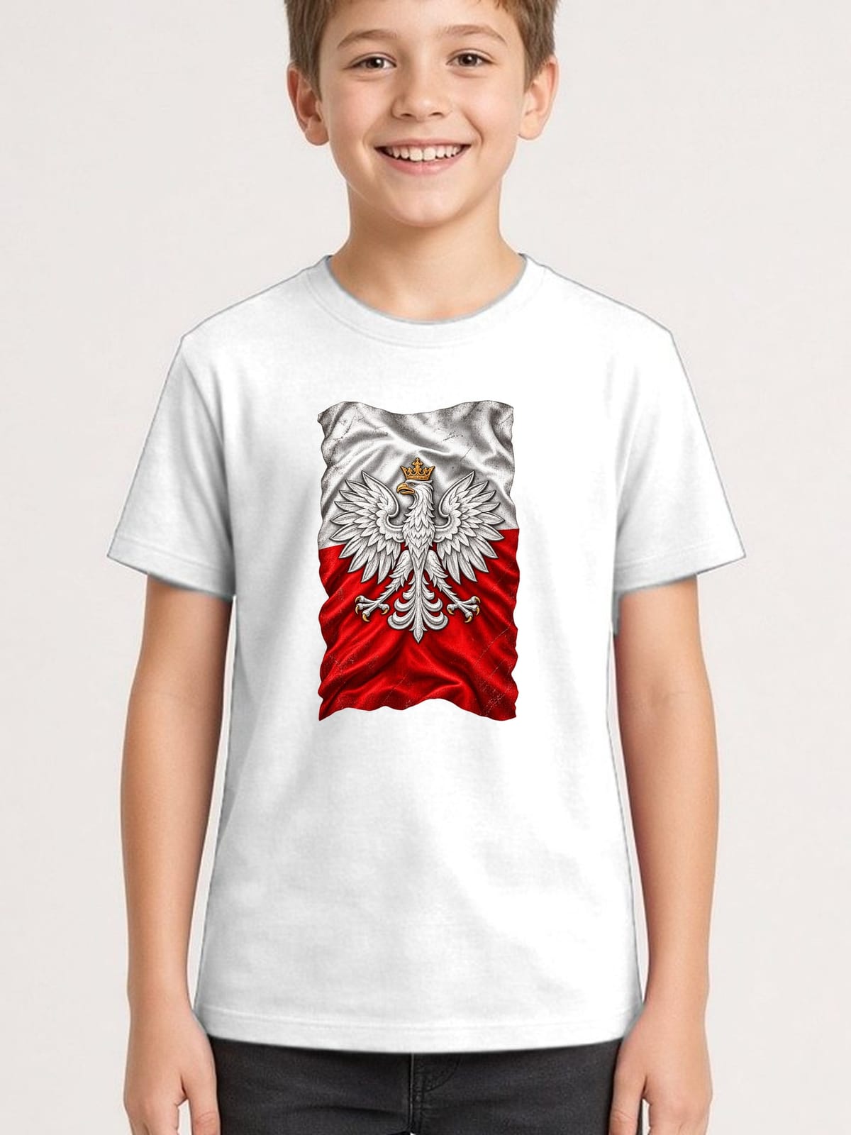 Koszulka patriotyczna dla dziecka dla chłopca biała orzeł na fladze, zdjęcie 1