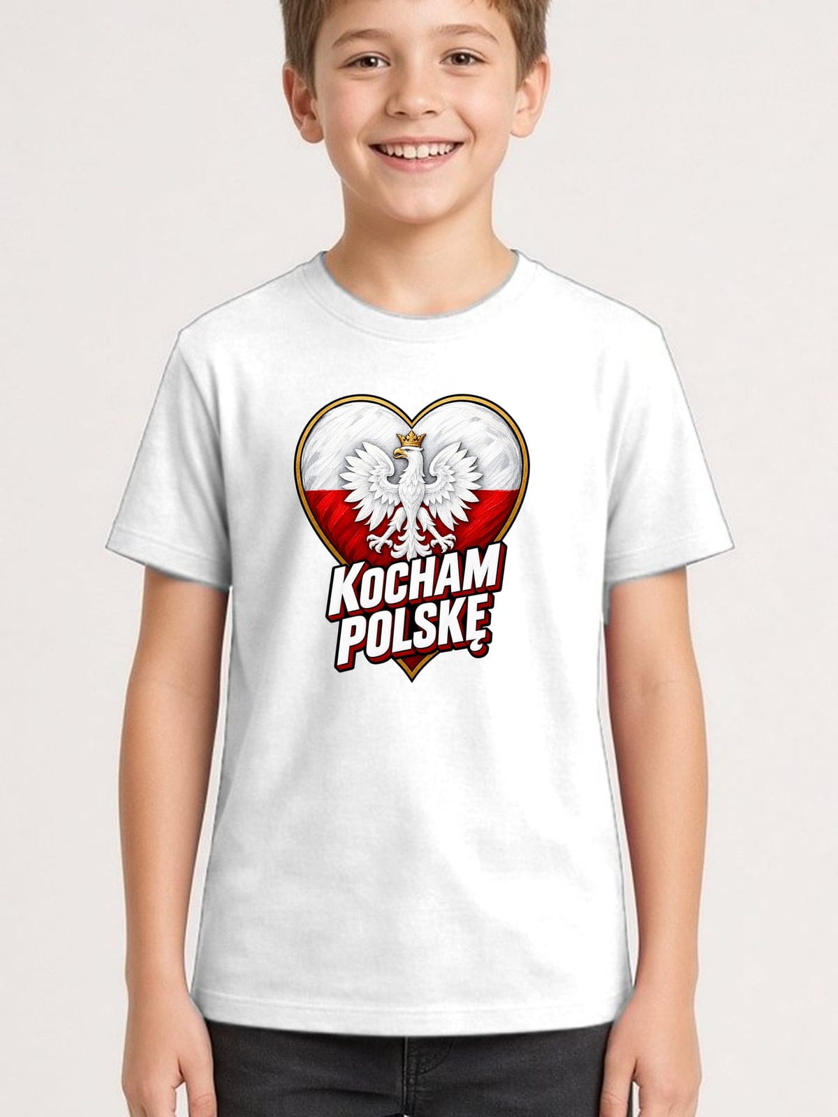 Koszulka patriotyczna dla dziecka dla chłopca biała Kocham Polskę, zdjęcie 1