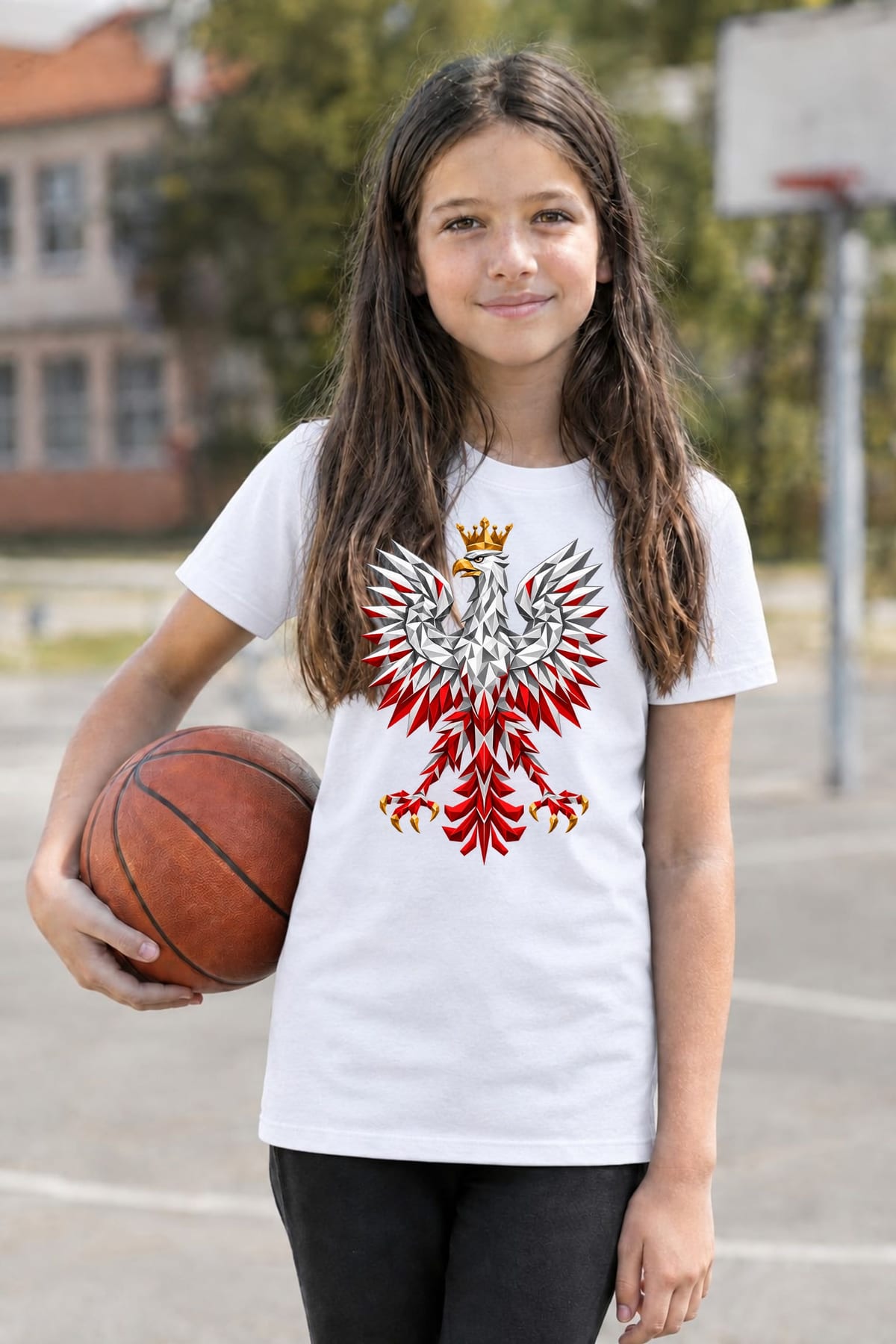 Koszulka patriotyczna dla dziecka dla dziewczynki biała orzeł geometryczny, zdjęcie 4