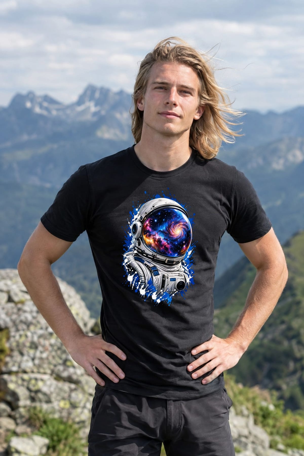 Koszulka męska czarna z hełmem astronauty kosmos galaktyka prezent, zdjęcie 4