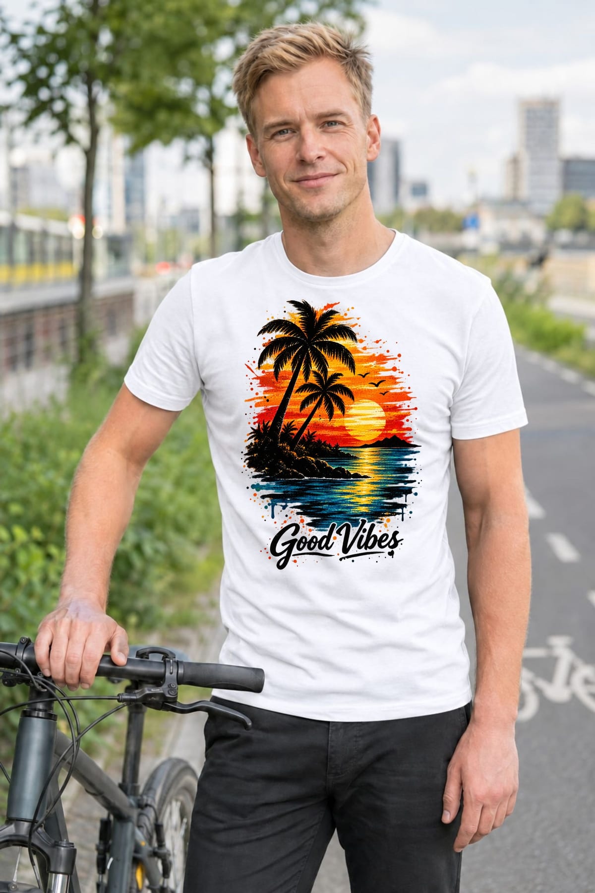 Koszulka męska biała z palmami dla niego na wakacje napis good vibes, zdjęcie 8