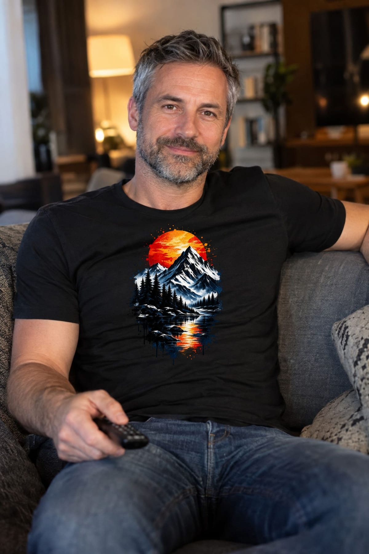 Koszulka męska czarna z górami dla turysty las jezioro zachód słońca, zdjęcie 6
