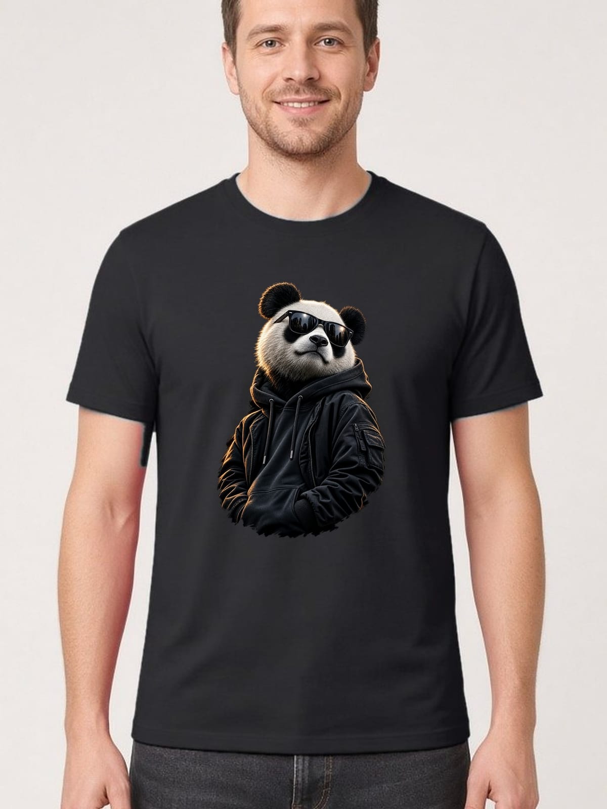 Koszulka męska czarna z pandą w okularach dla niego streetwear śmieszna, zdjęcie 1