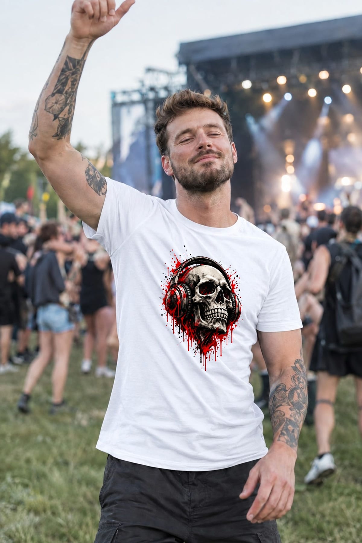 Koszulka męska biała z czaszką w słuchawkach mroczna muzyczna, zdjęcie 5