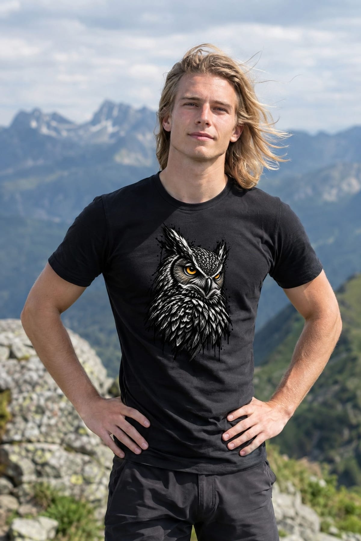 Koszulka męska czarna z sową dla mężczyzny realistyczna grafika prezent, zdjęcie 5