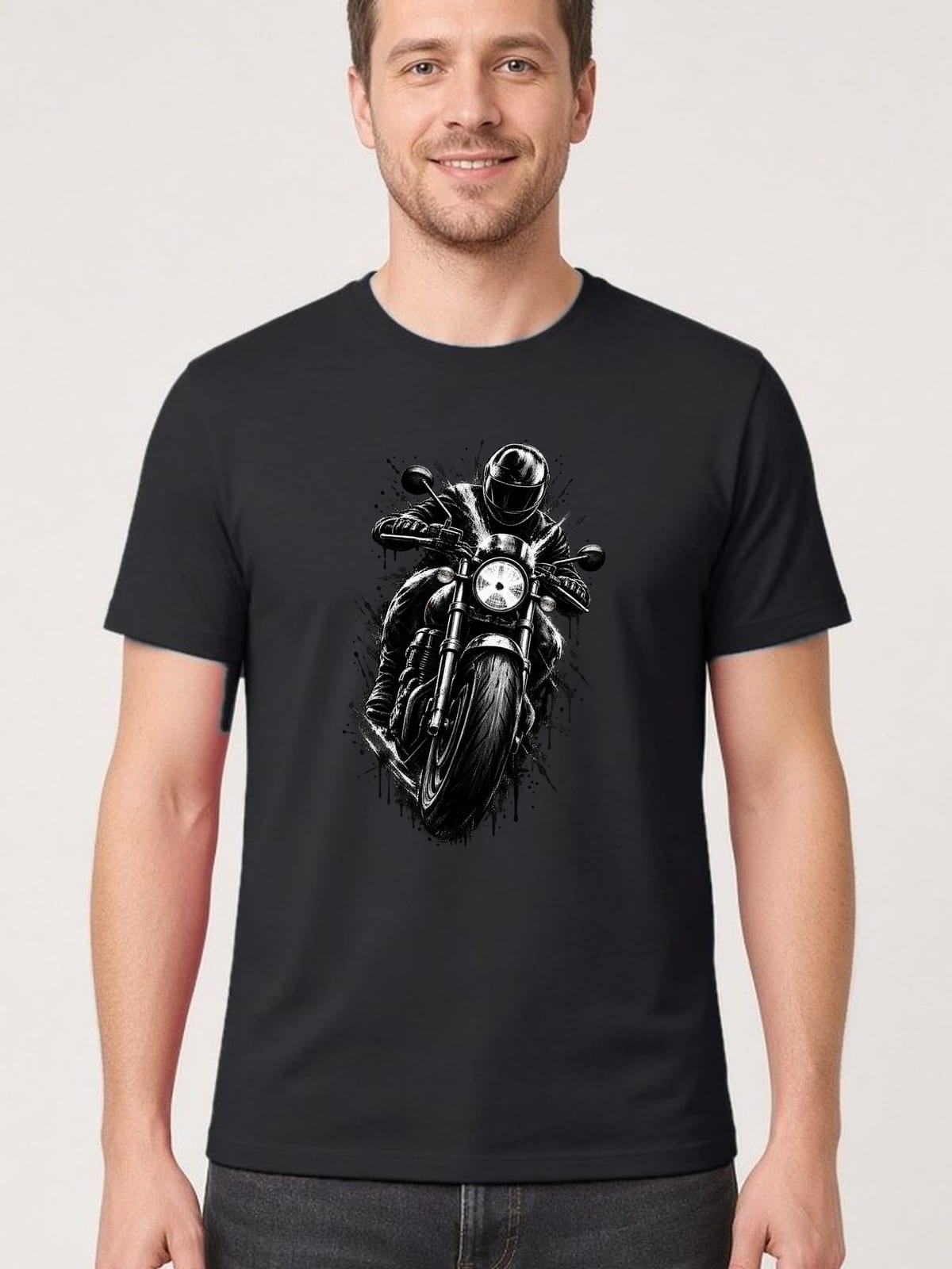 Koszulka męska czarna z motocyklistą dla motocyklisty cafe racer prezent, zdjęcie 1