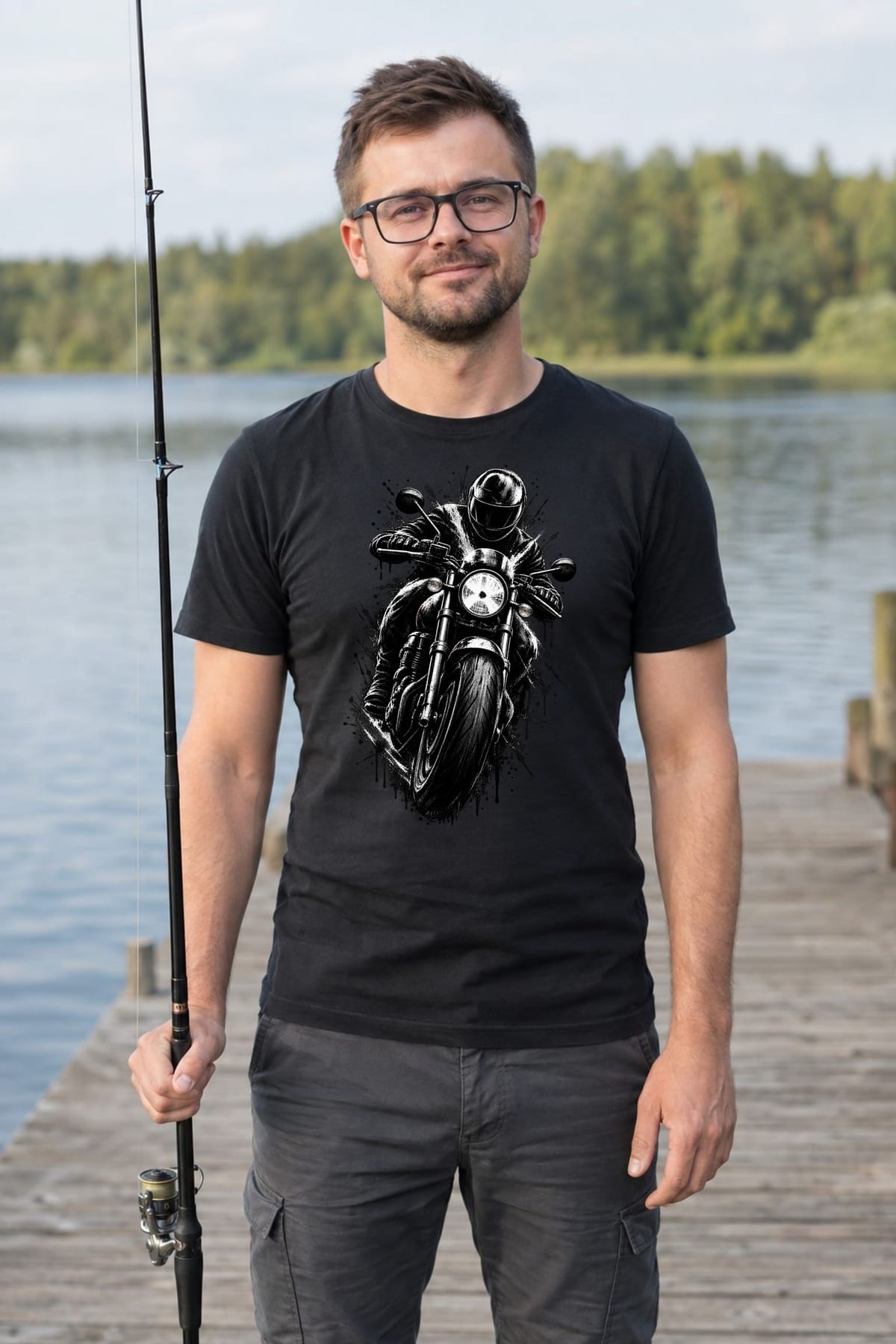 Koszulka męska czarna z motocyklistą dla motocyklisty cafe racer prezent, zdjęcie 3