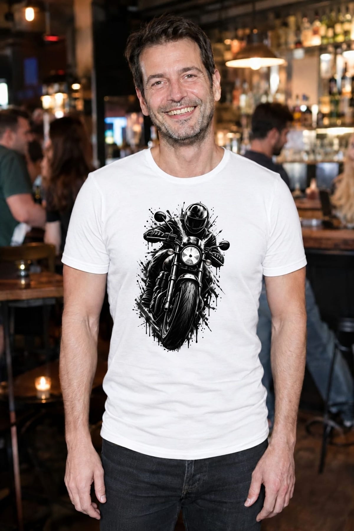 Koszulka męska biała z motocyklistą dla motocyklisty cafe racer prezent, zdjęcie 3