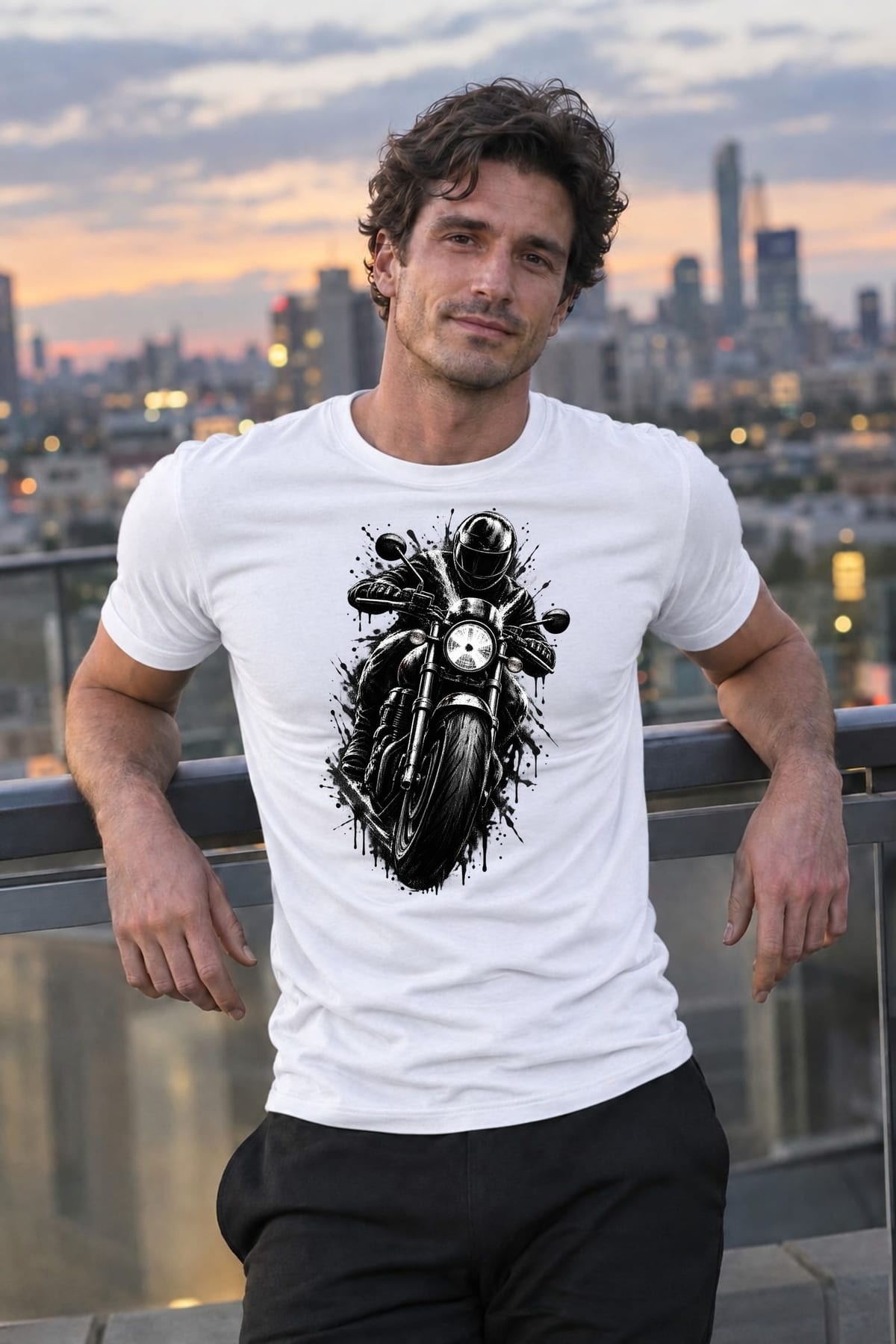Koszulka męska biała z motocyklistą dla motocyklisty cafe racer prezent, zdjęcie 4