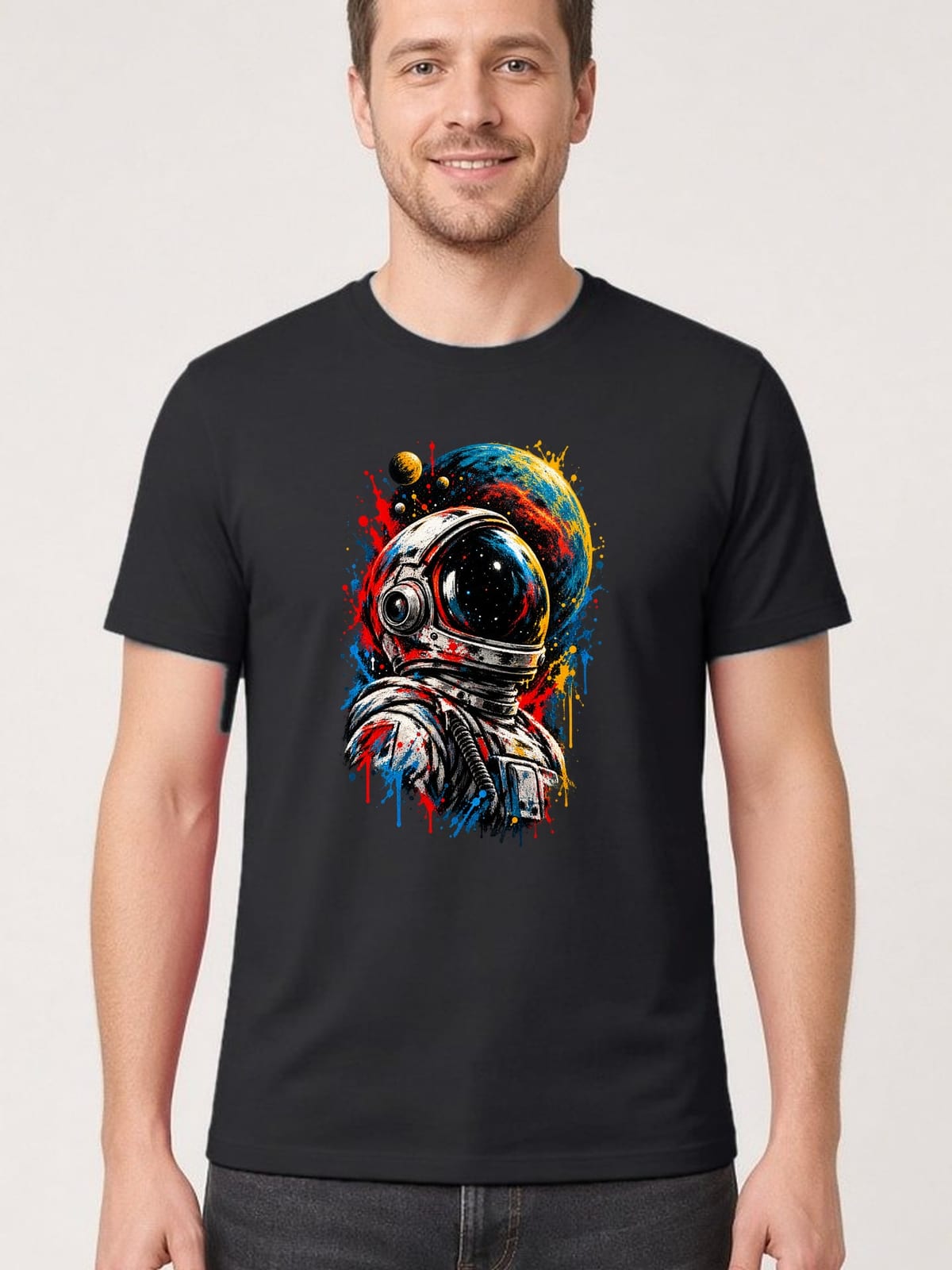Koszulka męska czarna z astronautą dla niego kosmos planeta street art, zdjęcie 1