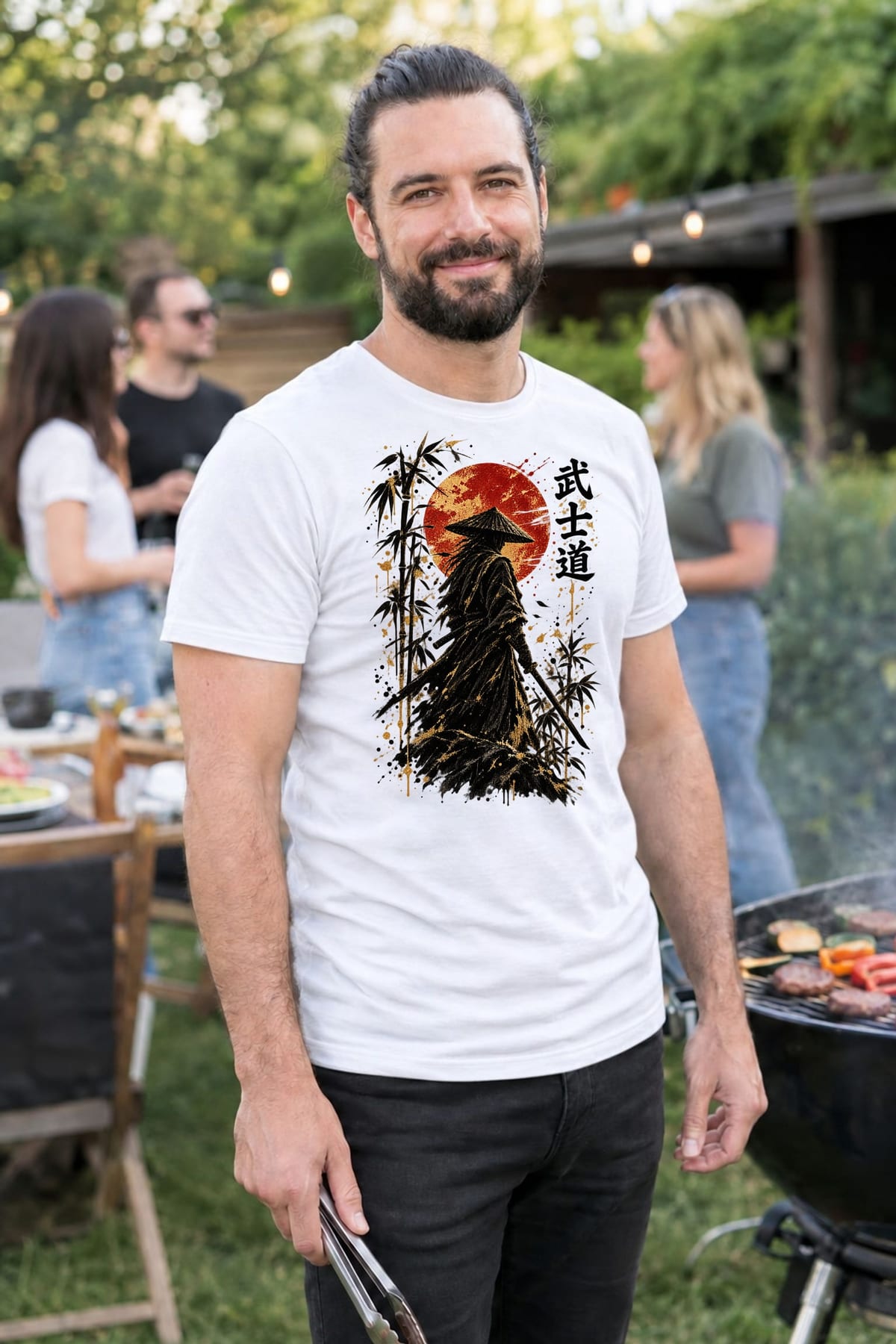Koszulka męska biała z samurajem katana bushido Japonia prezent, zdjęcie 4