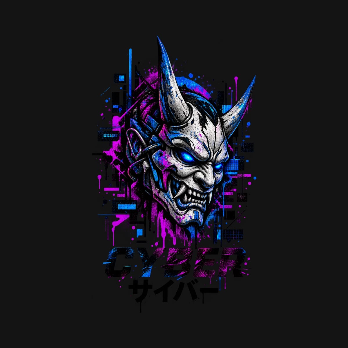 Koszulka męska czarna z maską demona hannya cyberpunk anime japonia, zdjęcie 2