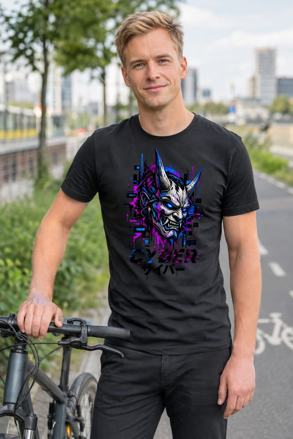 Koszulka męska czarna z maską demona hannya cyberpunk anime japonia, zdjęcie 4