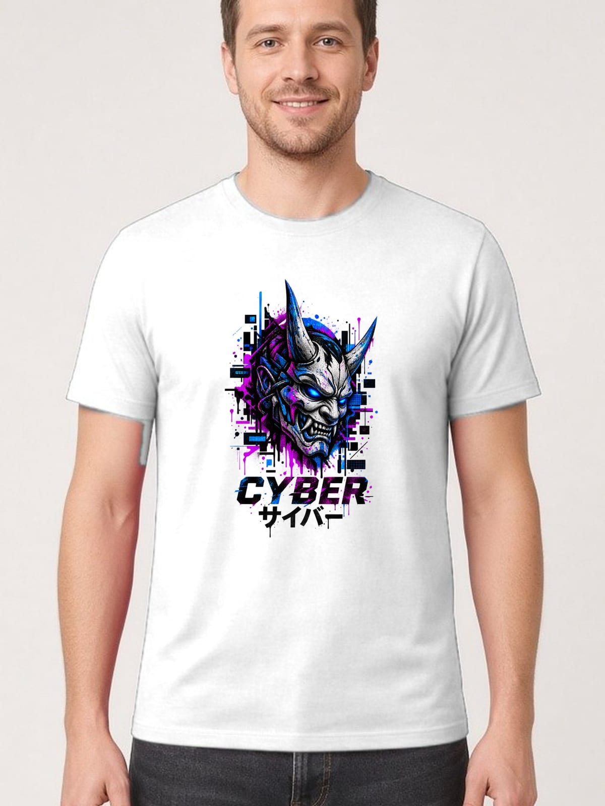 Koszulka męska biała z maską demona hannya cyberpunk anime japonia, zdjęcie 1
