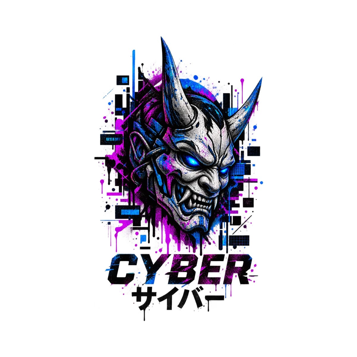 Koszulka męska biała z maską demona hannya cyberpunk anime japonia, zdjęcie 2