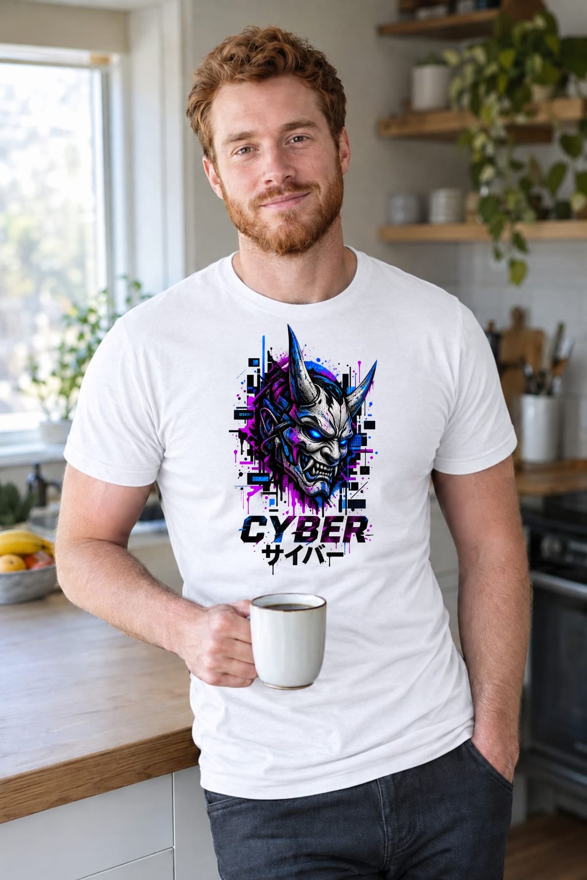Koszulka męska biała z maską demona hannya cyberpunk anime japonia, zdjęcie 3