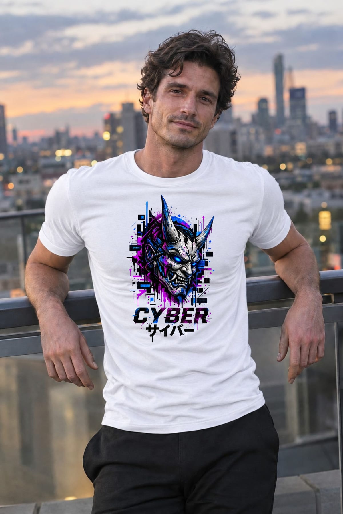 Koszulka męska biała z maską demona hannya cyberpunk anime japonia, zdjęcie 5