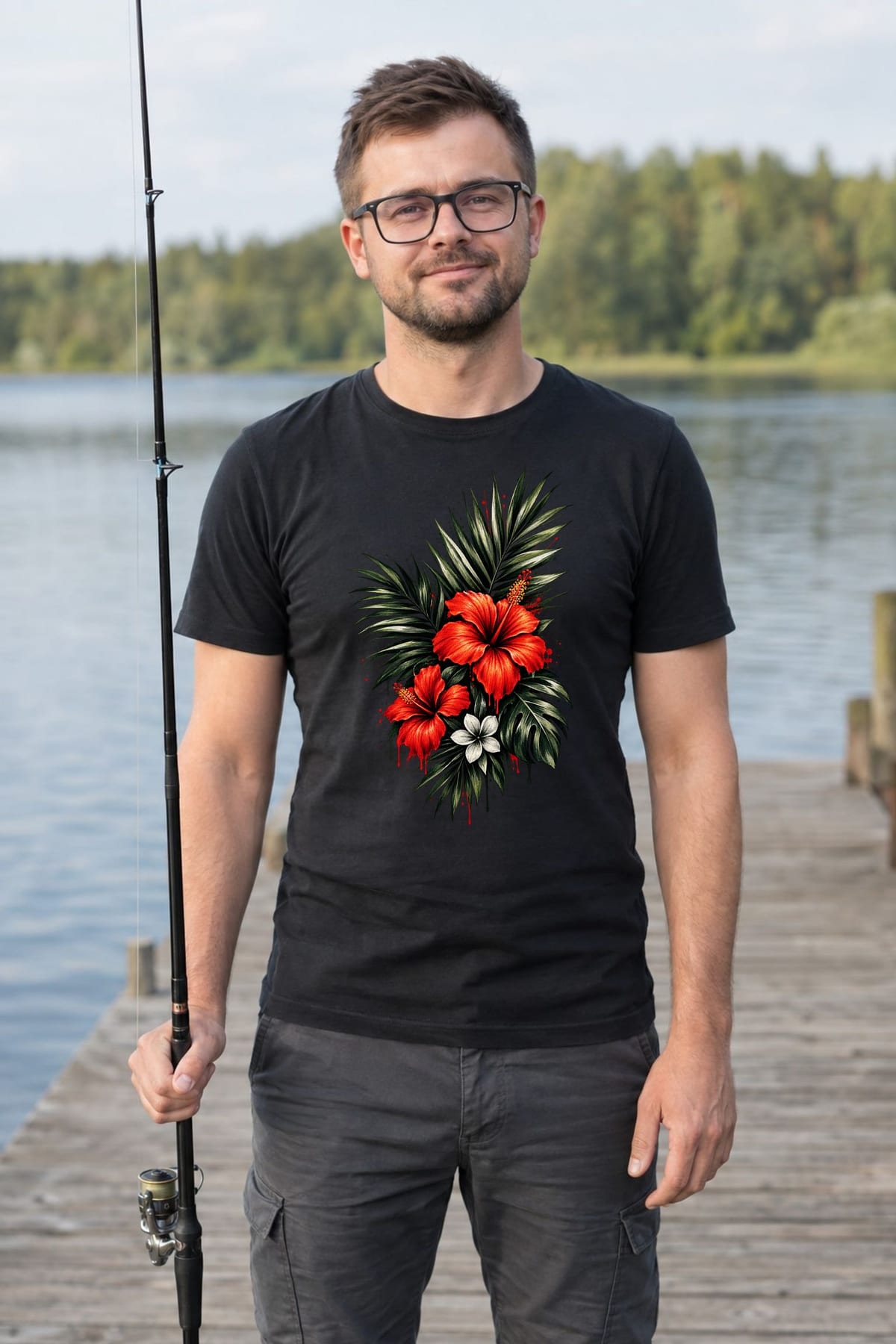 Koszulka męska czarna z hibiskusem kwiaty tropikalne liście prezent, zdjęcie 8