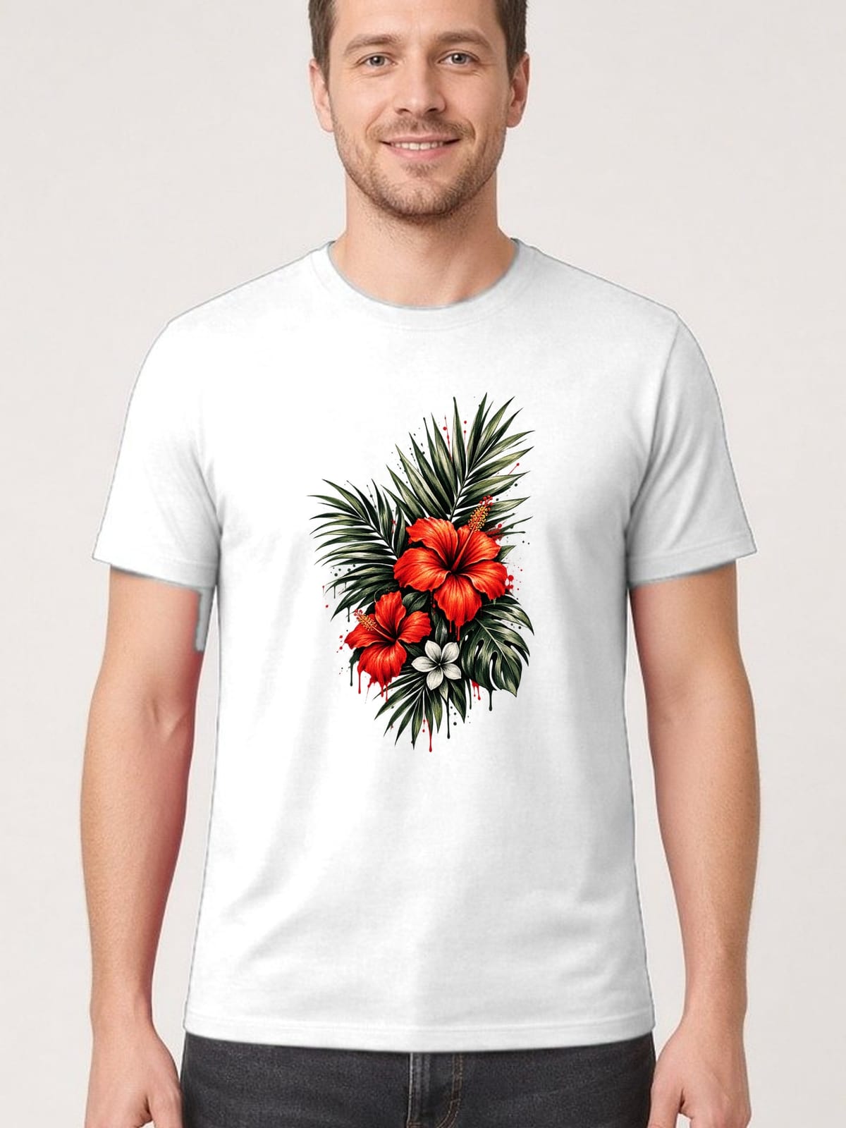 Koszulka męska biała z hibiskusem kwiaty tropikalne liście prezent, zdjęcie 1