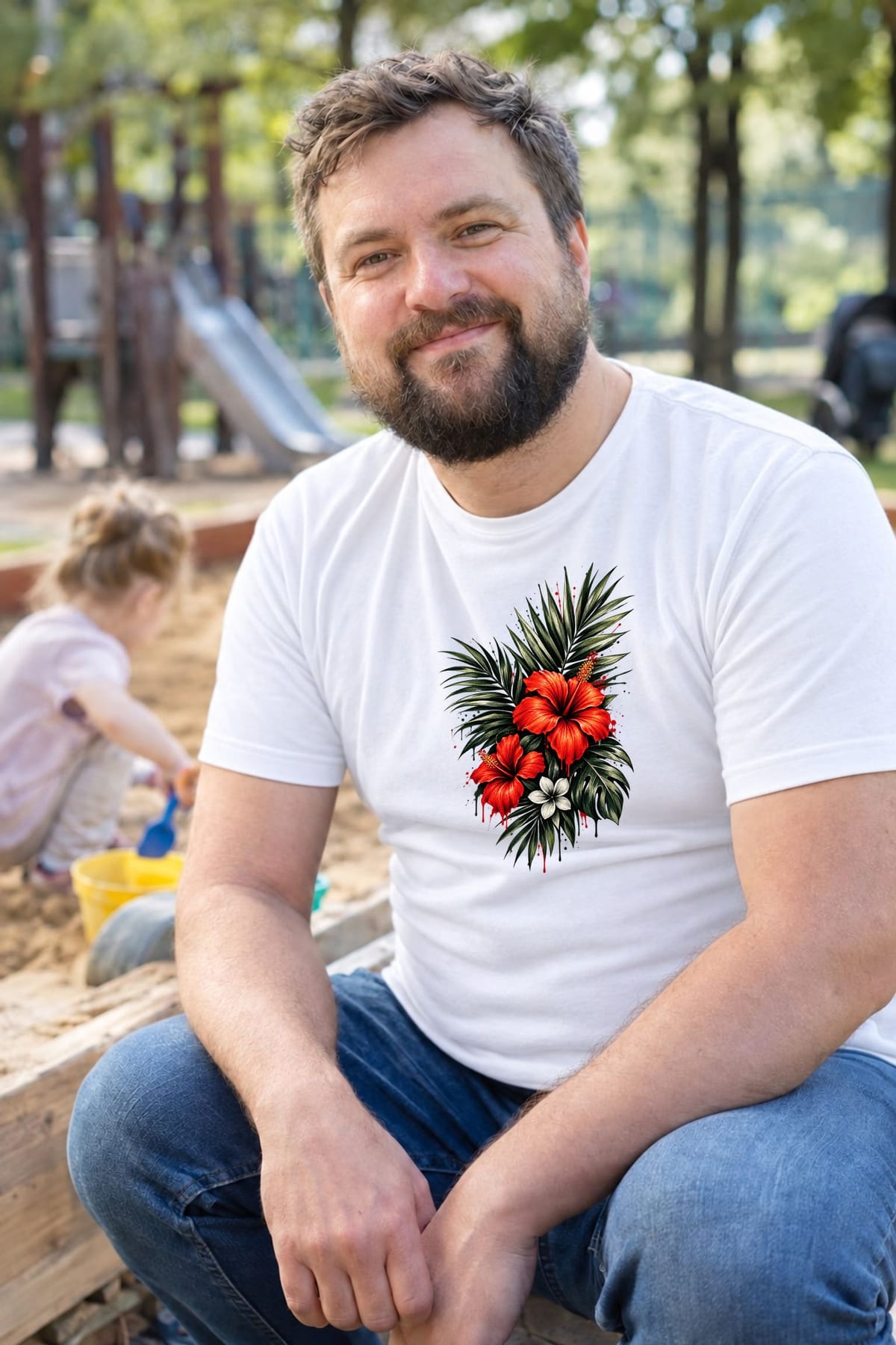 Koszulka męska biała z hibiskusem kwiaty tropikalne liście prezent, zdjęcie 6
