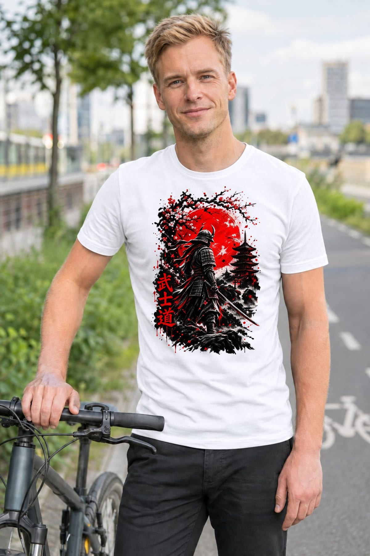 Koszulka męska biała z samurajem bushido katana Japonia prezent, zdjęcie 4