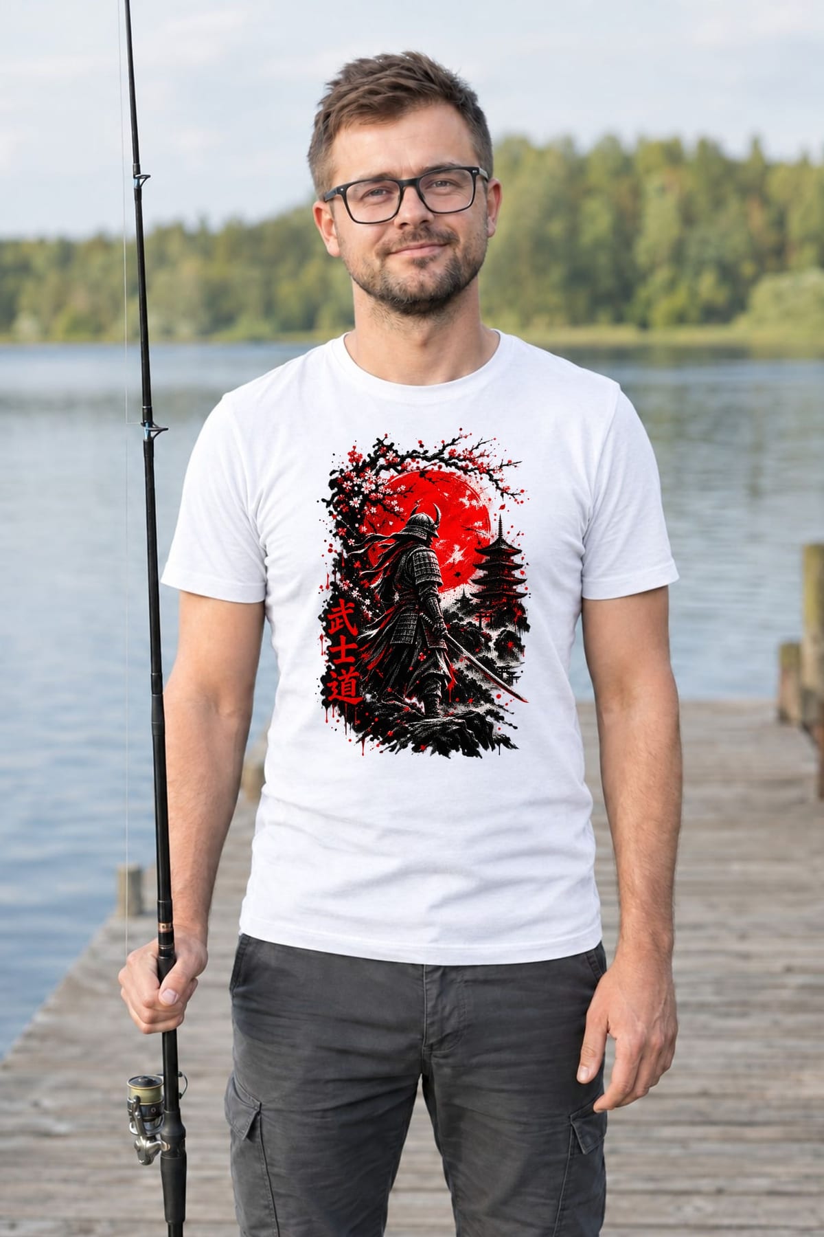 Koszulka męska biała z samurajem bushido katana Japonia prezent, zdjęcie 7