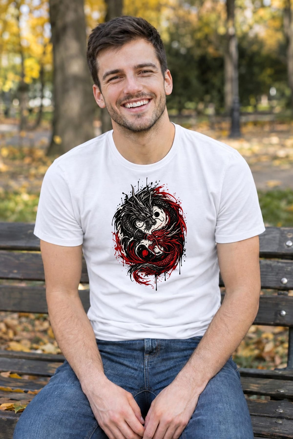 Koszulka męska biała ze smokami yin yang mroczna mitologia prezent, zdjęcie 3