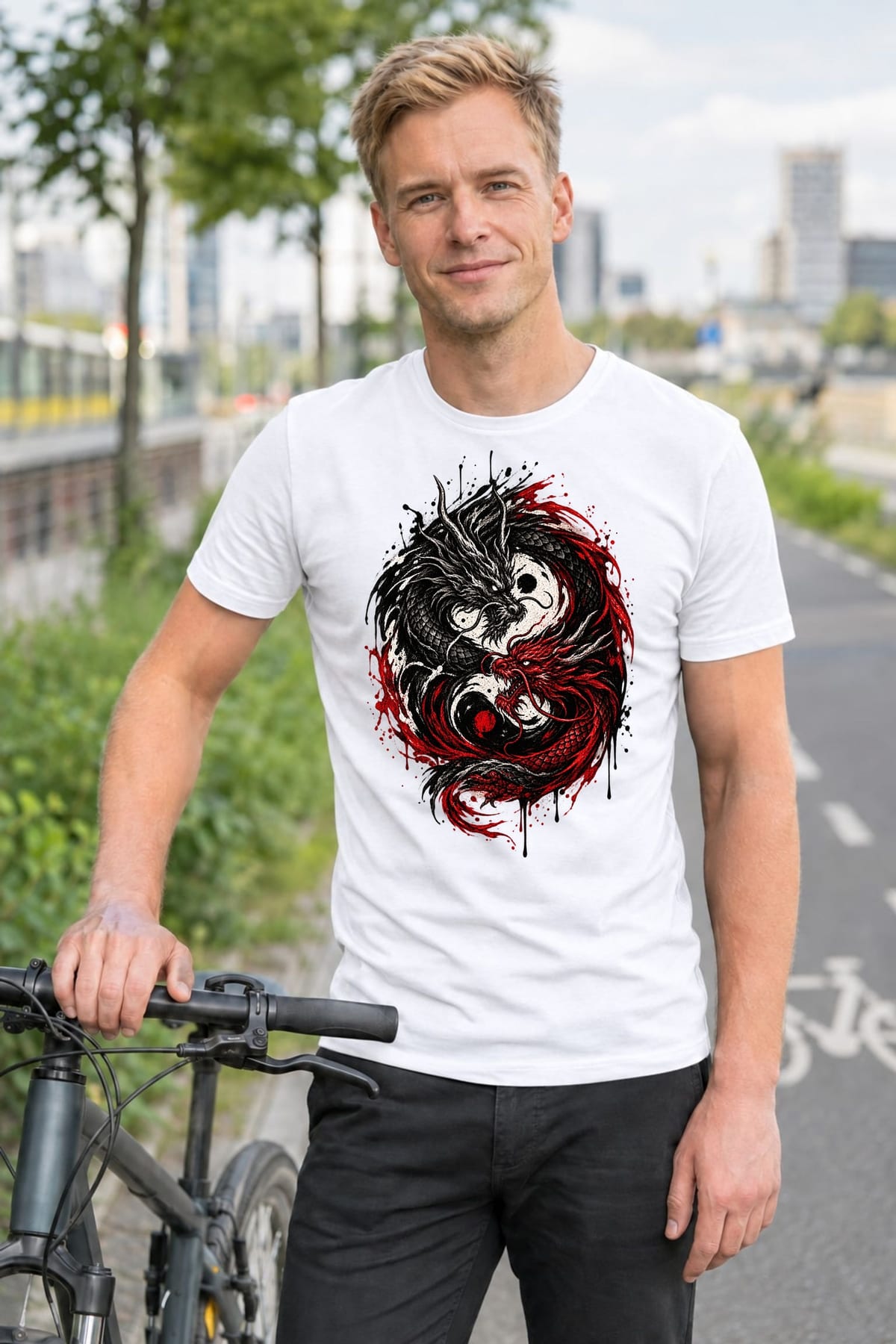 Koszulka męska biała ze smokami yin yang mroczna mitologia prezent, zdjęcie 5