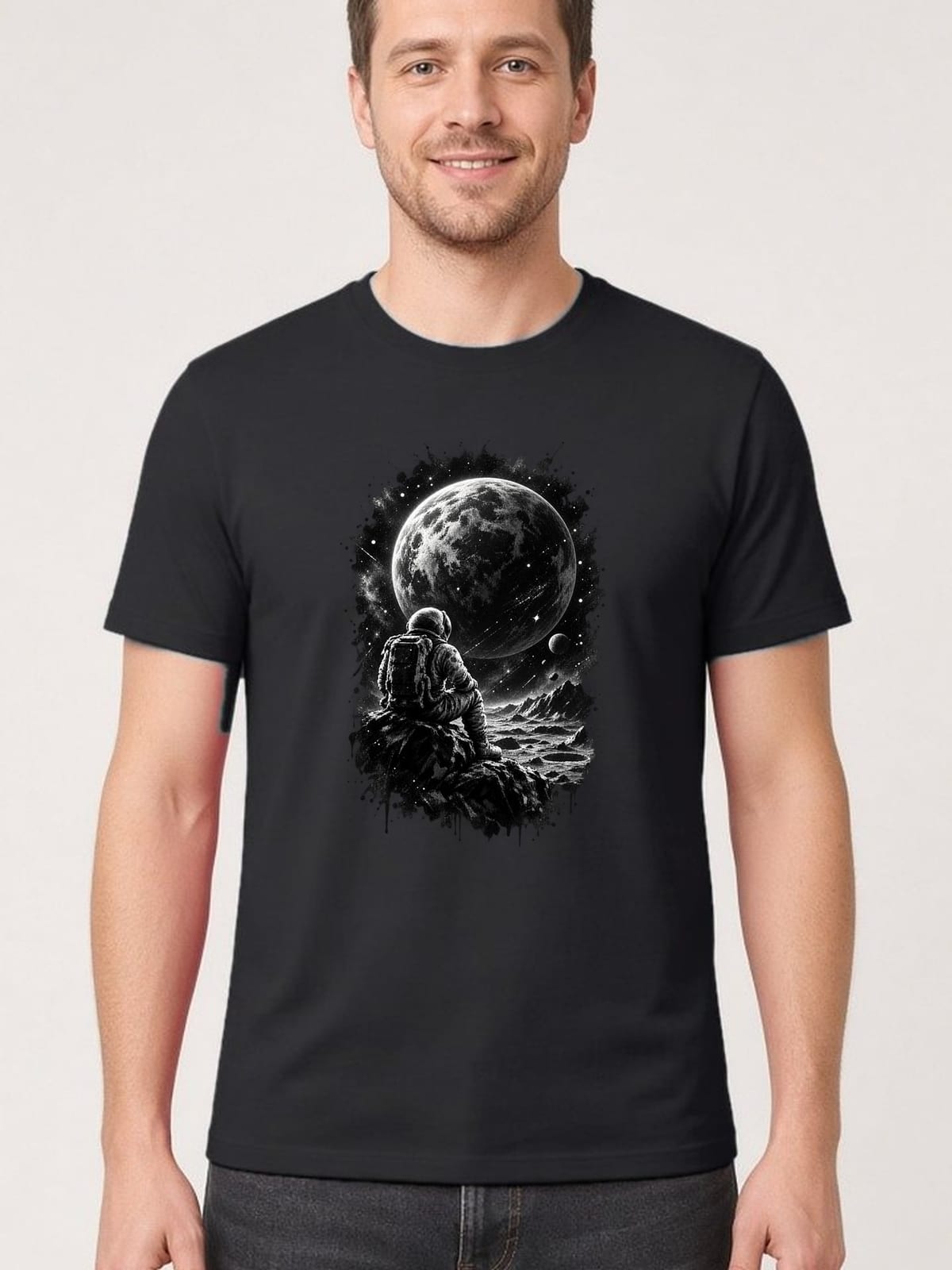 Koszulka męska czarna z astronautą na księżycu kosmos grafika prezent
