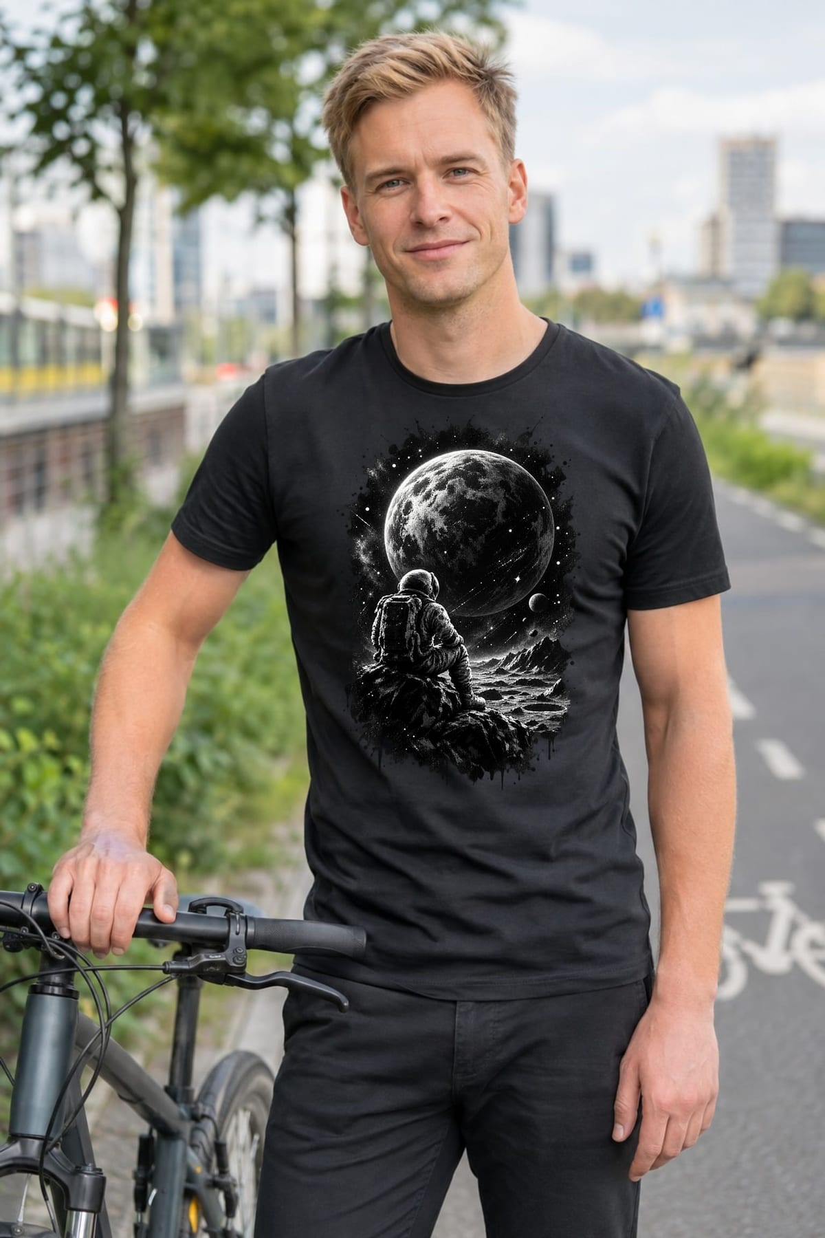 Koszulka męska czarna z astronautą na księżycu kosmos grafika prezent, zdjęcie 8