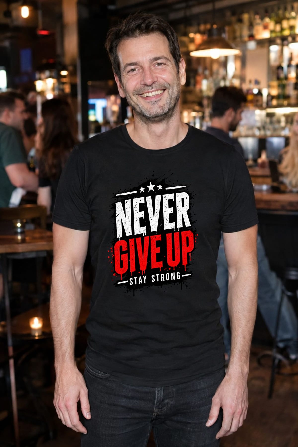 Koszulka męska czarna z napisem never give up motywacyjna prezent, zdjęcie 4