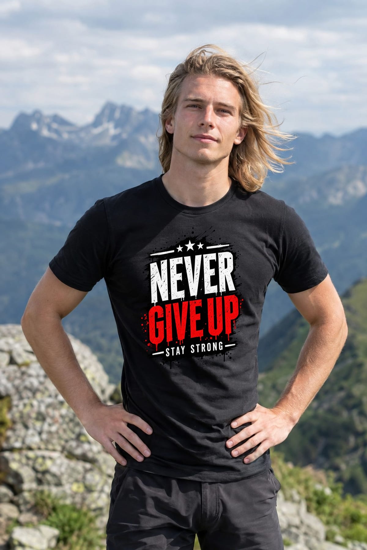 Koszulka męska czarna z napisem never give up motywacyjna prezent, zdjęcie 5