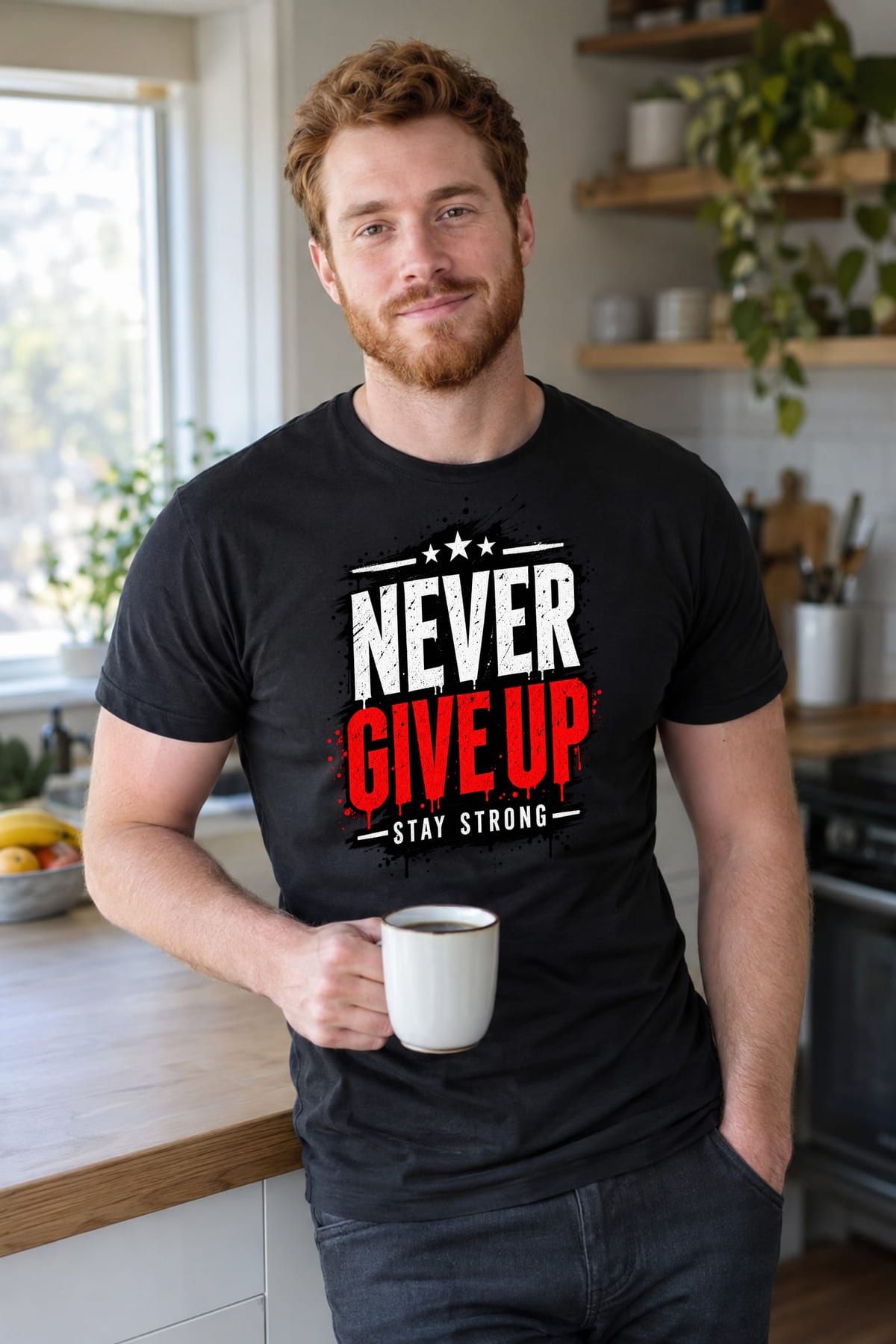 Koszulka męska czarna z napisem never give up motywacyjna prezent, zdjęcie 7