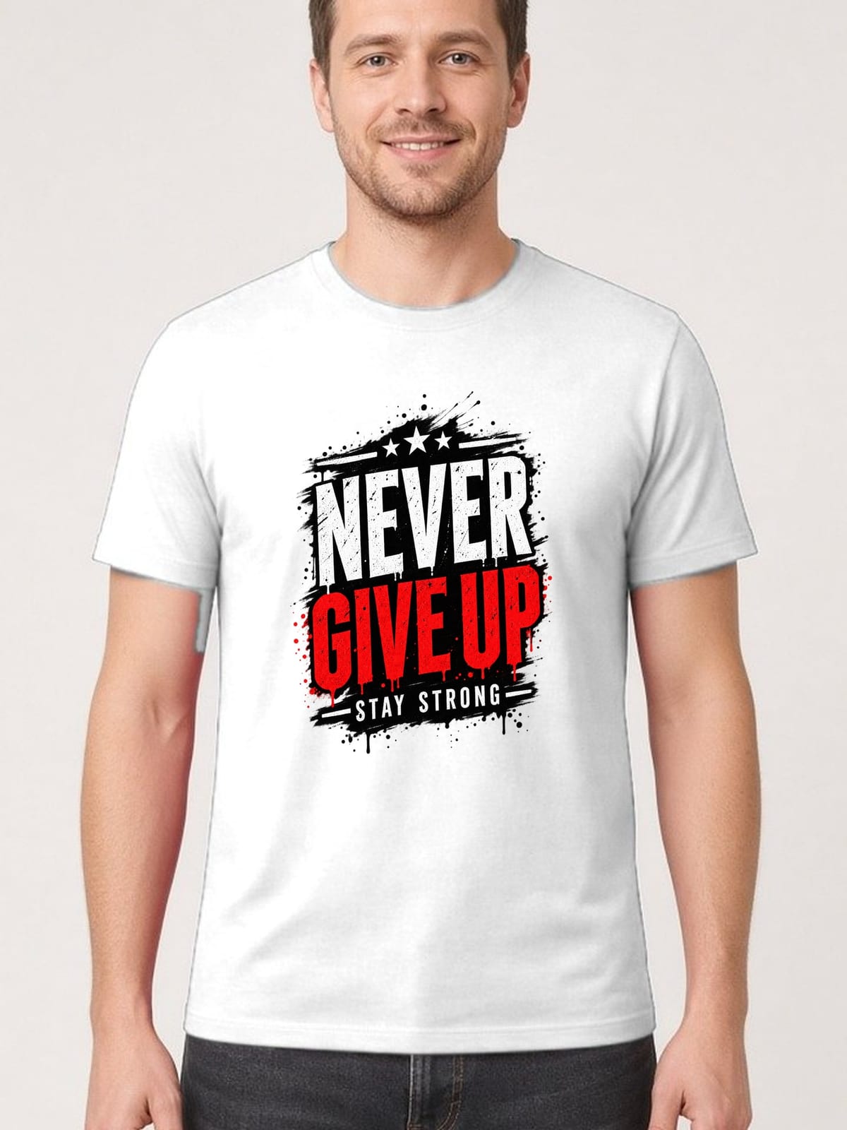 Koszulka męska biała z napisem never give up motywacyjna prezent, zdjęcie 1