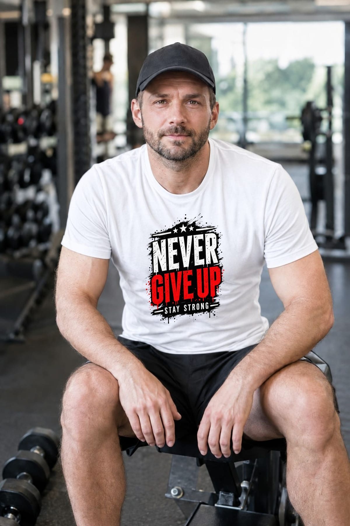 Koszulka męska biała z napisem never give up motywacyjna prezent, zdjęcie 3