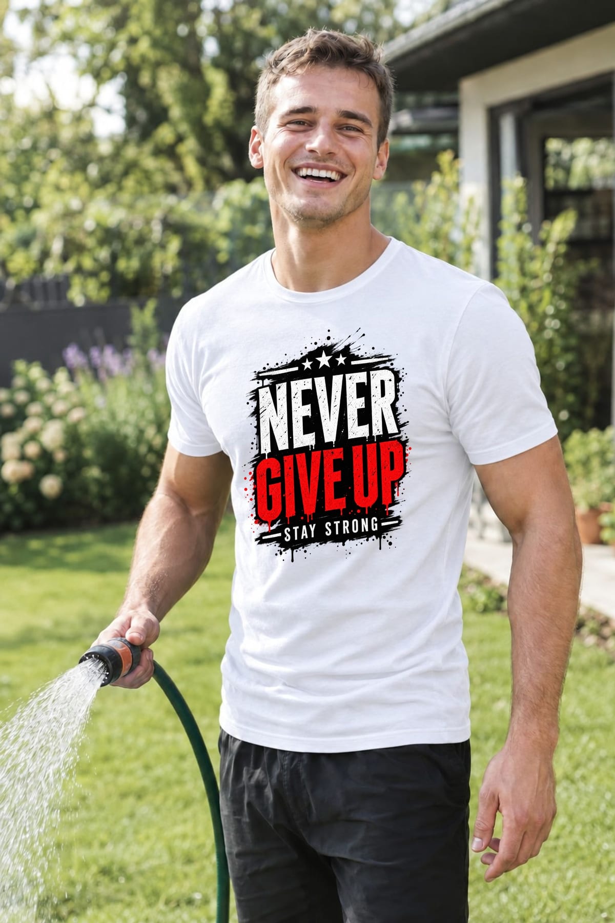 Koszulka męska biała z napisem never give up motywacyjna prezent, zdjęcie 5