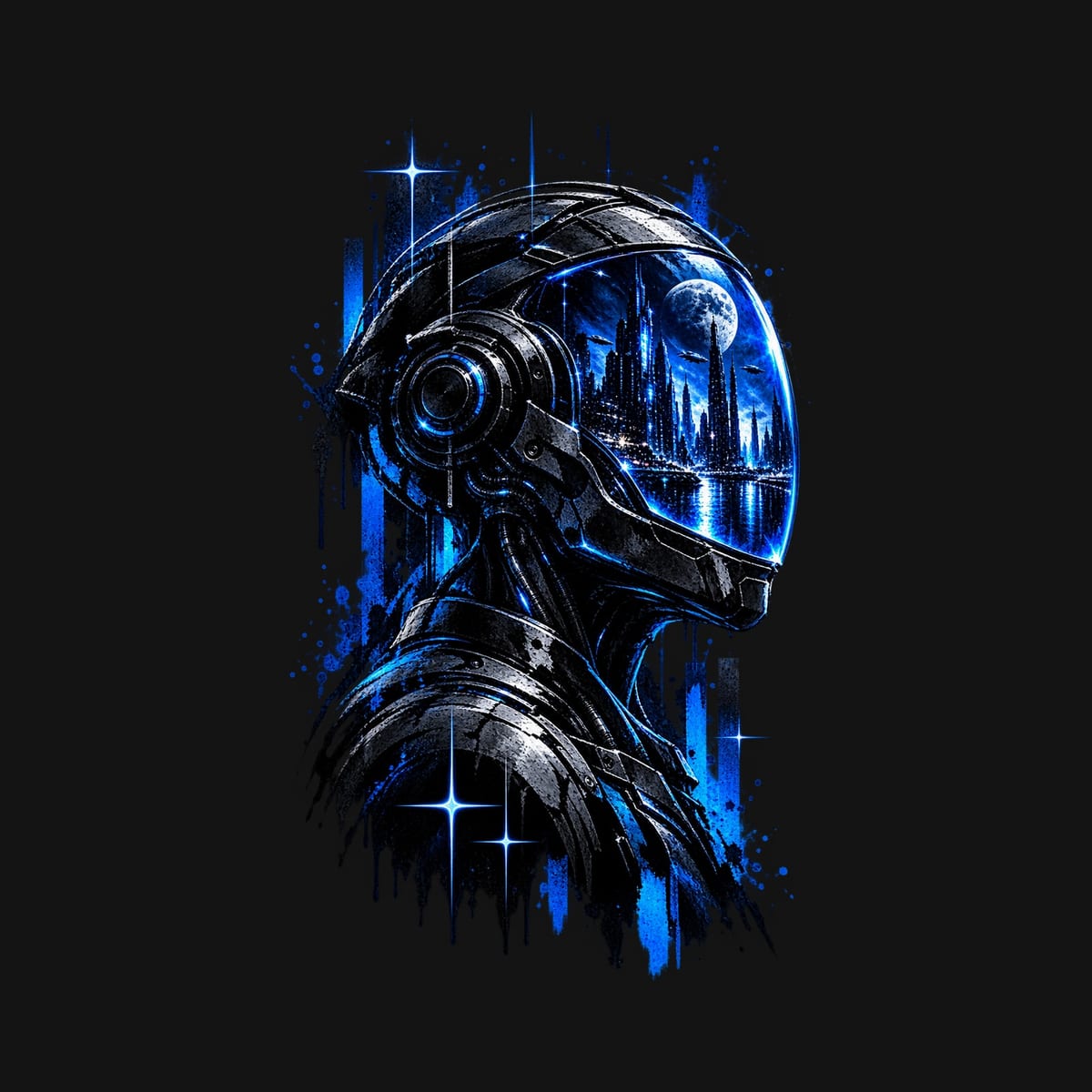 Koszulka męska czarna z cyborgiem robotem sci fi miasto nocne prezent, zdjęcie 2