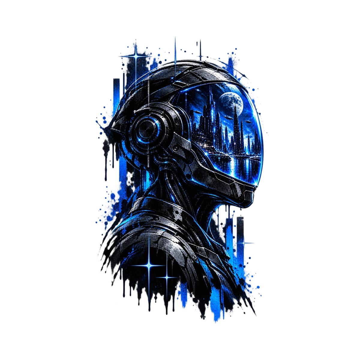 Koszulka męska biała z cyborgiem robotem sci fi miasto nocne prezent, zdjęcie 2